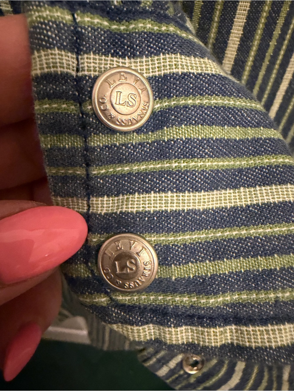 Levi’s Vintage 1996 Hickory Stripe Work Shirt Button Up Blue Green Women's Small - Picture 12 of 12